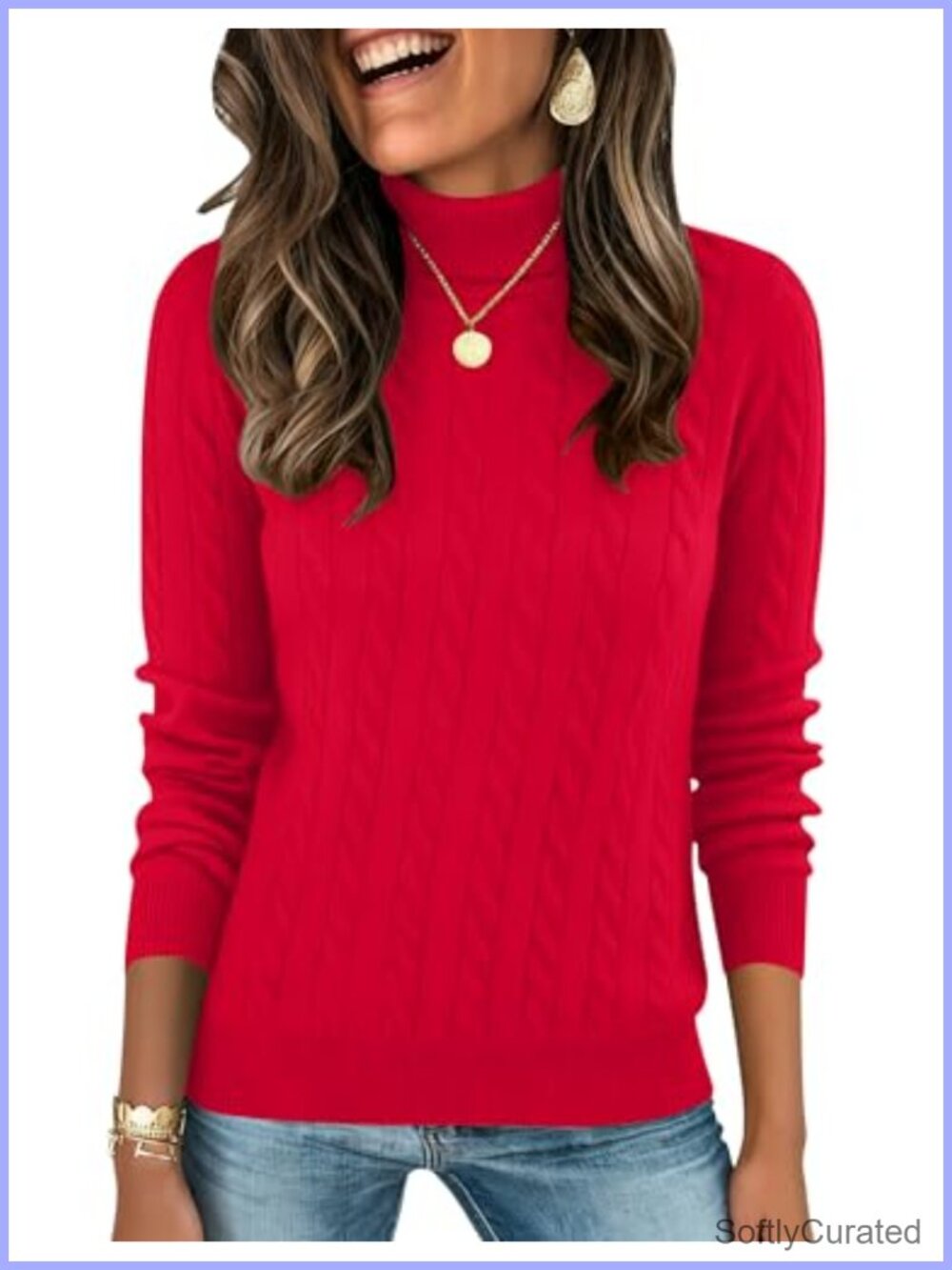 Women's Cable Knit Turtleneck Sweater Slim Fit Long Sleeve Pullover